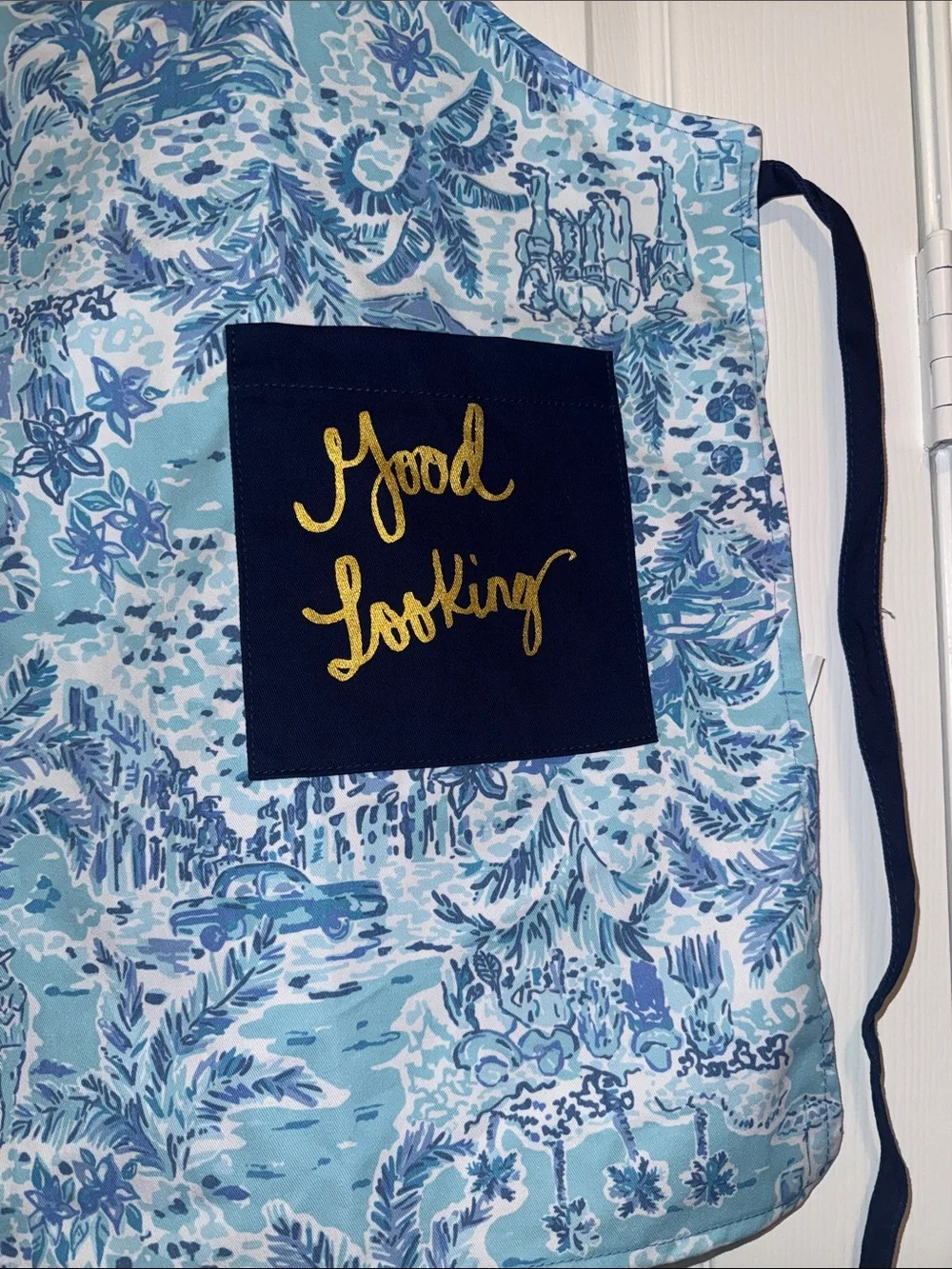 Lilly Pulitzer Light Blue Toile Apron with Navy Pockets and Gold Script